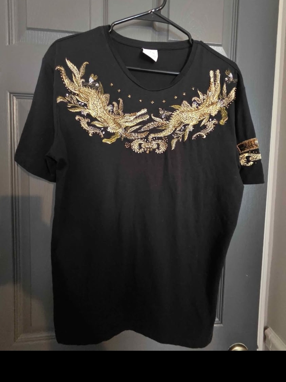 Zara Black Short Sleeve Tee with Gold Embroidered Crest